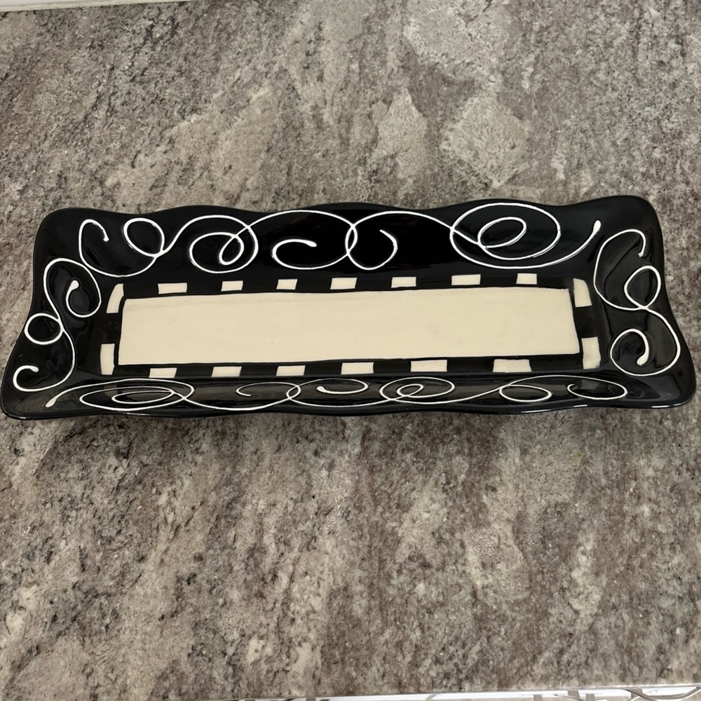 Ann Mallory Americaware Black White Swirl Modern Rectangular Platter Serve Dish